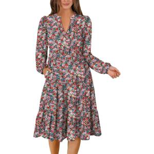 ANRABESS Long Sleeve Midi Dresses for Women V Neck 2025 Fall Fashion Casual Loose Fit Flowy Swing Tiered Vacation Boho Dress(Floral Red Pink)