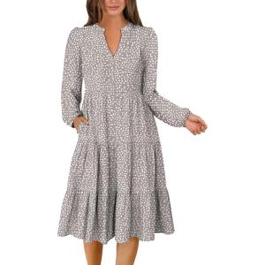 ANRABESS Long Sleeve Midi Dresses for Women V Neck 2025 Fall Fashion Casual Loose Fit Flowy Swing Tiered Vacation Boho Dress(Khaki Polka Dot)