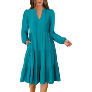 ANRABESS Long Sleeve Midi Dresses for Women V Neck 2025 Fall Fashion Casual Loose Fit Flowy Swing Tiered Vacation Boho Dress(Lake Green)