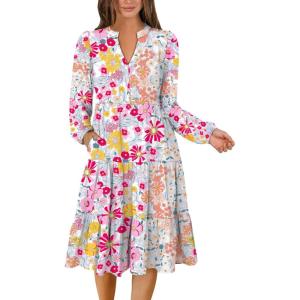 ANRABESS Long Sleeve Midi Dresses for Women V Neck 2025 Fall Fashion Casual Loose Fit Flowy Swing Tiered Vacation Boho Dress(Multicolour Floral)