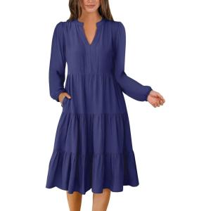 ANRABESS Long Sleeve Midi Dresses for Women V Neck 2025 Fall Fashion Casual Loose Fit Flowy Swing Tiered Vacation Boho Dress(Navy Blue)
