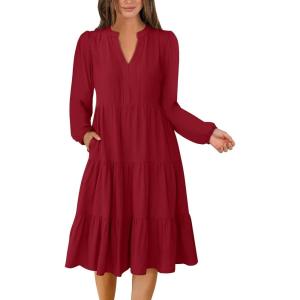 ANRABESS Long Sleeve Midi Dresses for Women V Neck 2025 Fall Fashion Casual Loose Fit Flowy Swing Tiered Vacation Boho Dress(Red)