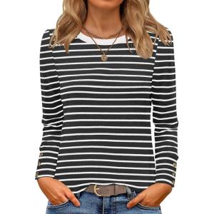 ANRABESS Long Sleeve Shirts for Women Crewneck Basic Tee Striped Tops 2025 Fall Casual Loose Fit T Shirts Fashion Outfits(Black Stripe)