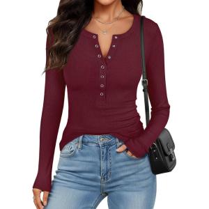 ANRABESS Long Sleeve Shirts for Women Henley Button Down Tops Ribbed Knit Slim Fit Fall Basic Tee 2025 Casual Trendy Clothes(Burgundy)