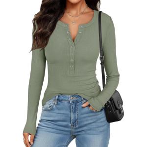 ANRABESS Long Sleeve Shirts for Women Henley Button Down Tops Ribbed Knit Slim Fit Fall Basic Tee 2025 Casual Trendy Clothes(Sage Green)