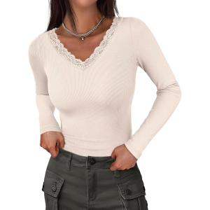 ANRABESS Long Sleeve Shirts for Women Lace V Neck Rib Knit Slim Fit Basic Tee Tops 2025 Casual T-Shirt Going Out Fall Outfits(Beige)