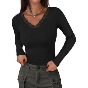 ANRABESS Long Sleeve Shirts for Women Lace V Neck Rib Knit Slim Fit Basic Tee Tops 2025 Casual T-Shirt Going Out Fall Outfits(Black)