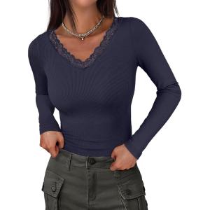 ANRABESS Long Sleeve Shirts for Women Lace V Neck Rib Knit Slim Fit Basic Tee Tops 2025 Casual T-Shirt Going Out Fall Outfits(Navy Blue)