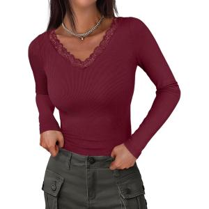 ANRABESS Long Sleeve Shirts for Women Lace V Neck Rib Knit Slim Fit Basic Tee Tops 2025 Casual T-Shirt Going Out Fall Outfits(Wind Red)