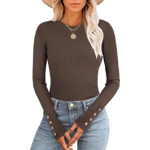 ANRABESS Long Sleeve Shirts for Women Thermal Crewneck Basic Fleece Top Casual T-Shirts 2025 Fall Winter Warm Undershirts(Dark Brown)