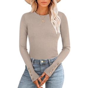 ANRABESS Long Sleeve Shirts for Women Thermal Crewneck Basic Fleece Top Casual T-Shirts 2025 Fall Winter Warm Undershirts(Tan)