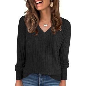 ANRABESS Long Sleeve Shirts for Women V Neck Casual Fall Tops Loose Fit Lightweight Sweaters Tunic Fashion 2025 Clothes(Black)