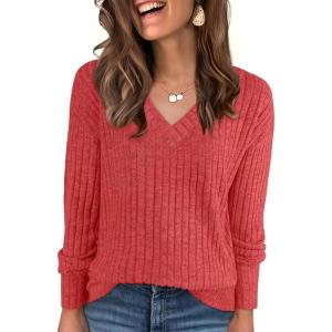 ANRABESS Long Sleeve Shirts for Women V Neck Casual Fall Tops Loose Fit Lightweight Sweaters Tunic Fashion 2025 Clothes(Bright Red)