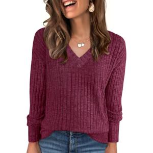ANRABESS Long Sleeve Shirts for Women V Neck Casual Fall Tops Loose Fit Lightweight Sweaters Tunic Fashion 2025 Clothes(Burgundy)