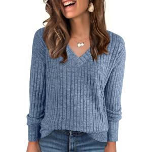 ANRABESS Long Sleeve Shirts for Women V Neck Casual Fall Tops Loose Fit Lightweight Sweaters Tunic Fashion 2025 Clothes(Dark Blue)