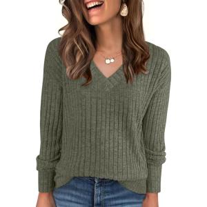 ANRABESS Long Sleeve Shirts for Women V Neck Casual Fall Tops Loose Fit Lightweight Sweaters Tunic Fashion 2025 Clothes(Deep Green)