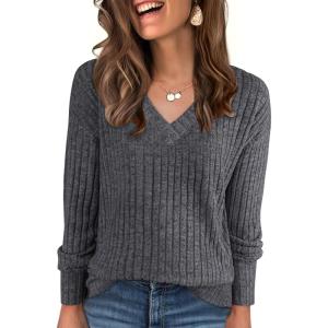 ANRABESS Long Sleeve Shirts for Women V Neck Casual Fall Tops Loose Fit Lightweight Sweaters Tunic Fashion 2025 Clothes(Deep Grey)