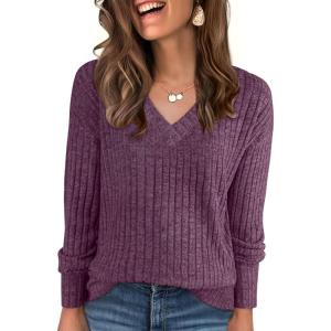 ANRABESS Long Sleeve Shirts for Women V Neck Casual Fall Tops Loose Fit Lightweight Sweaters Tunic Fashion 2025 Clothes(Deep Purple)