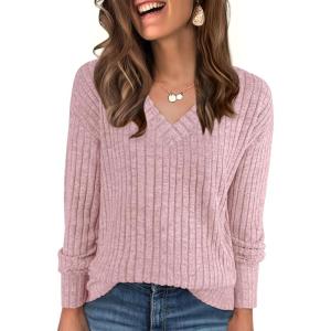 ANRABESS Long Sleeve Shirts for Women V Neck Casual Fall Tops Loose Fit Lightweight Sweaters Tunic Fashion 2025 Clothes(Grey Pink)