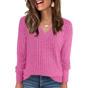 ANRABESS Long Sleeve Shirts for Women V Neck Casual Fall Tops Loose Fit Lightweight Sweaters Tunic Fashion 2025 Clothes(Hot Pink)