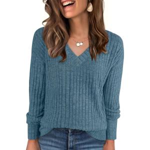 ANRABESS Long Sleeve Shirts for Women V Neck Casual Fall Tops Loose Fit Lightweight Sweaters Tunic Fashion 2025 Clothes(Lake Blue)