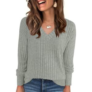 ANRABESS Long Sleeve Shirts for Women V Neck Casual Fall Tops Loose Fit Lightweight Sweaters Tunic Fashion 2025 Clothes(Light Green)