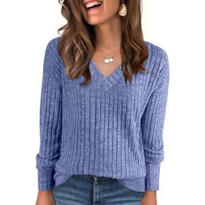 ANRABESS Long Sleeve Shirts for Women V Neck Casual Fall Tops Loose Fit Lightweight Sweaters Tunic Fashion 2025 Clothes(Navy Blue)