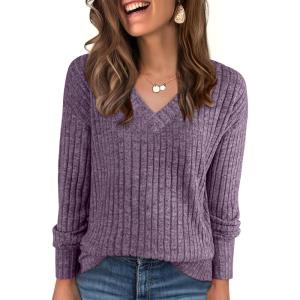ANRABESS Long Sleeve Shirts for Women V Neck Casual Fall Tops Loose Fit Lightweight Sweaters Tunic Fashion 2025 Clothes(Purple)