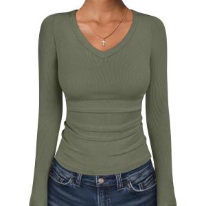 ANRABESS Long Sleeve Shirts for Women V Neck Ribbed Knit Fitted Fall Basic Tshirts Going Out Tops 2025 Casual Trendy Clothes(Army Green)