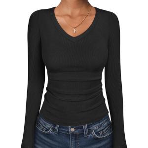 ANRABESS Long Sleeve Shirts for Women V Neck Ribbed Knit Fitted Fall Basic Tshirts Going Out Tops 2025 Casual Trendy Clothes(Black)