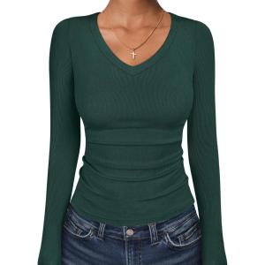 ANRABESS Long Sleeve Shirts for Women V Neck Ribbed Knit Fitted Fall Basic Tshirts Going Out Tops 2025 Casual Trendy Clothes(Deep Green)