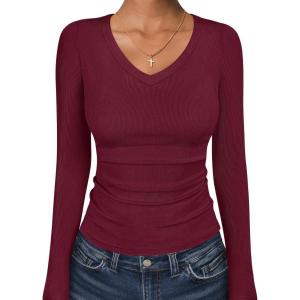 ANRABESS Long Sleeve Shirts for Women V Neck Ribbed Knit Fitted Fall Basic Tshirts Going Out Tops 2025 Casual Trendy Clothes(Deep Red)