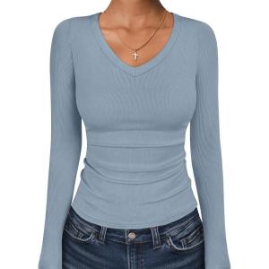 ANRABESS Long Sleeve Shirts for Women V Neck Ribbed Knit Fitted Fall Basic Tshirts Going Out Tops 2025 Casual Trendy Clothes(Grey Blue)