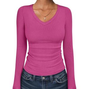 ANRABESS Long Sleeve Shirts for Women V Neck Ribbed Knit Fitted Fall Basic Tshirts Going Out Tops 2025 Casual Trendy Clothes(Hot Pink)