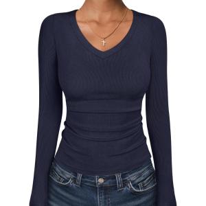 ANRABESS Long Sleeve Shirts for Women V Neck Ribbed Knit Fitted Fall Basic Tshirts Going Out Tops 2025 Casual Trendy Clothes(Navy Blue)