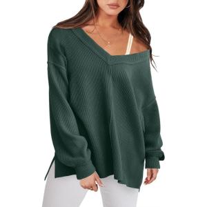 ANRABESS Oversized Long Sleeve Shirts for Women Off the Shoulder Sweatshirt Loose V Neck Tunic Tops High Low Sweater 2025(Dark Green)