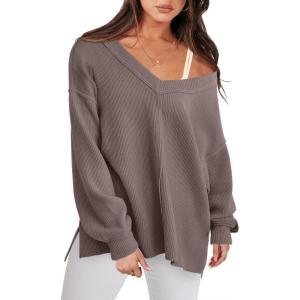 ANRABESS Oversized Long Sleeve Shirts for Women Off the Shoulder Sweatshirt Loose V Neck Tunic Tops High Low Sweater 2025(Light Brown)