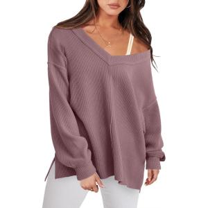 ANRABESS Oversized Long Sleeve Shirts for Women Off the Shoulder Sweatshirt Loose V Neck Tunic Tops High Low Sweater 2025(Light Purple)