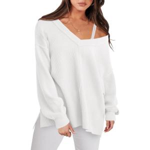 ANRABESS Oversized Long Sleeve Shirts for Women Off the Shoulder Sweatshirt Loose V Neck Tunic Tops High Low Sweater 2025(White)