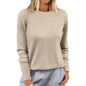 ANRABESS Oversized Sweaters for Women Casual Crewneck Knit Lightweight Chest Pocket Pullover Top 2025 Fall Travel Outfits(Almond)