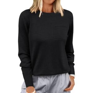 ANRABESS Oversized Sweaters for Women Casual Crewneck Knit Lightweight Chest Pocket Pullover Top 2025 Fall Travel Outfits(Black)