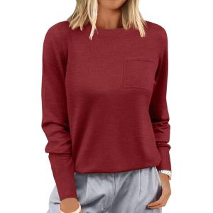 ANRABESS Oversized Sweaters for Women Casual Crewneck Knit Lightweight Chest Pocket Pullover Top 2025 Fall Travel Outfits(Brick Red)