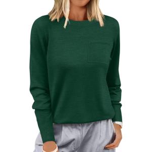 ANRABESS Oversized Sweaters for Women Casual Crewneck Knit Lightweight Chest Pocket Pullover Top 2025 Fall Travel Outfits(Forest Green)
