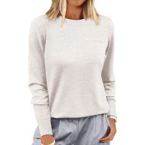 ANRABESS Oversized Sweaters for Women Casual Crewneck Knit Lightweight Chest Pocket Pullover Top 2025 Fall Travel Outfits(Off-white)