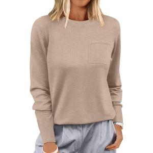 ANRABESS Oversized Sweaters for Women Casual Crewneck Knit Lightweight Chest Pocket Pullover Top 2025 Fall Travel Outfits(Warm Khaki)