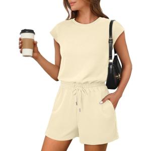 ANRABESS Rompers for Women Summer 2025 Casual Cap Sleeve Crewneck Drawstring One Piece Jumpsuit Outfits with Pockets(Beige)