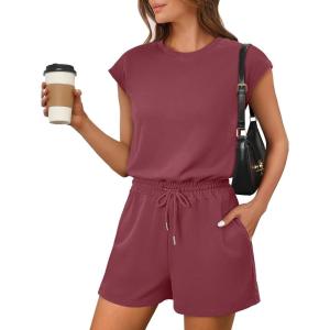 ANRABESS Rompers for Women Summer 2025 Casual Cap Sleeve Crewneck Drawstring One Piece Jumpsuit Outfits with Pockets(Burgundy)