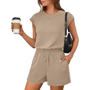 ANRABESS Rompers for Women Summer 2025 Casual Cap Sleeve Crewneck Drawstring One Piece Jumpsuit Outfits with Pockets(Khaiki)