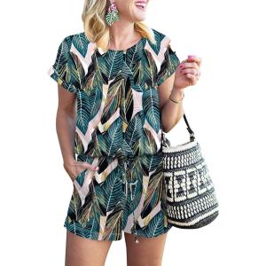 ANRABESS Rompers for Women Summer 2025 Casual Dressy One Piece Tshirt Short Pants Jumpsuit Beach Vacation Outfit Clothes(Leaf)