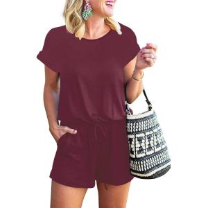 ANRABESS Rompers for Women Summer 2025 Casual Dressy One Piece Tshirt Short Pants Jumpsuit Beach Vacation Outfit Clothes(Wine Red)
